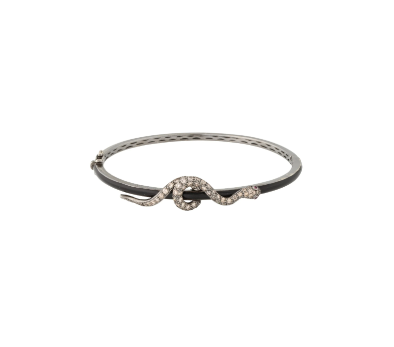 18K WHITE GOLD ENAMEL, DIAMOND & RUBY SNAKE BANGLE BRACELET