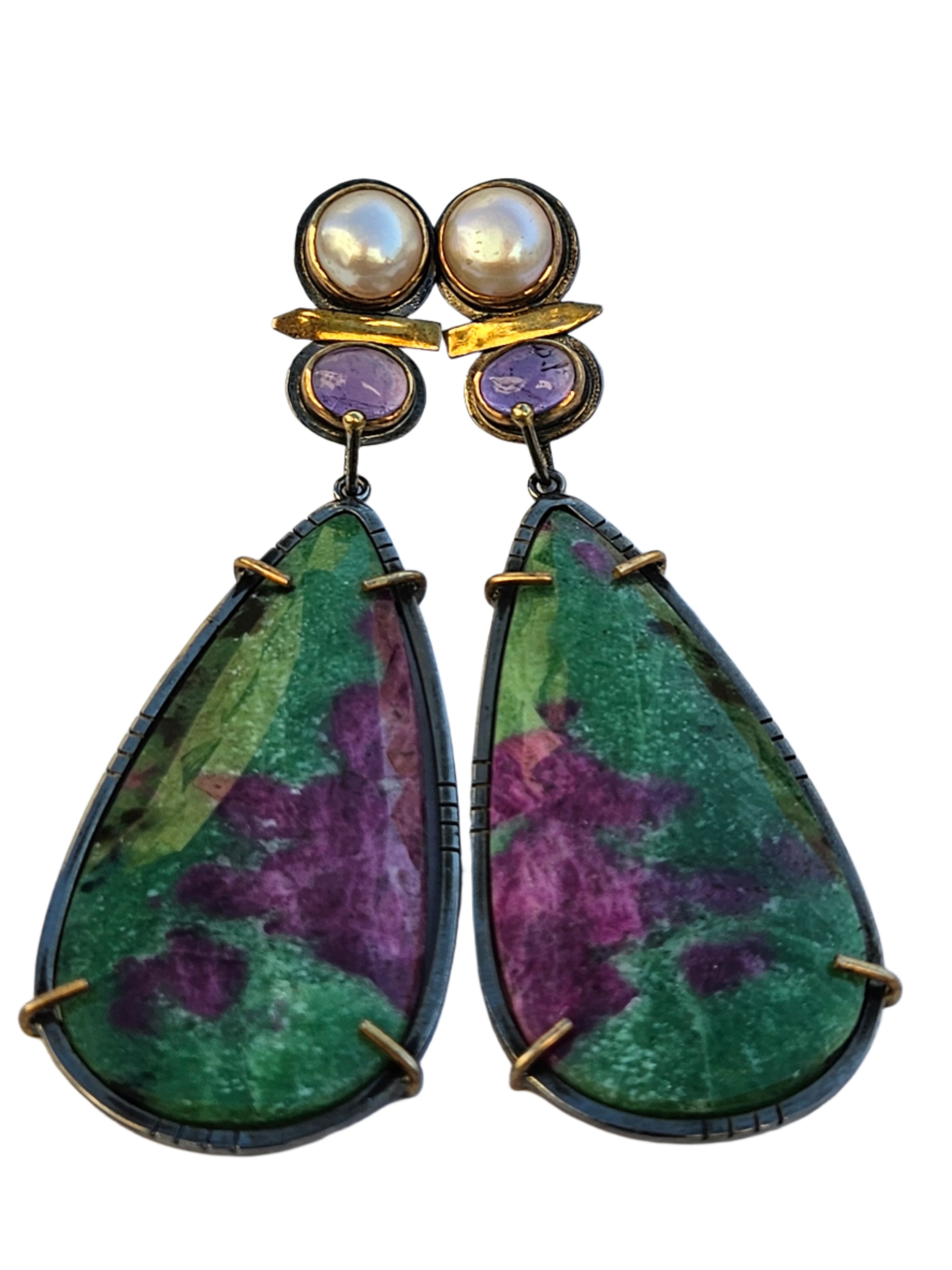AUSTRALIAN JASPER, CABACHON AMETHYST & JAPANESE AKOYA PEARL EARRINGS