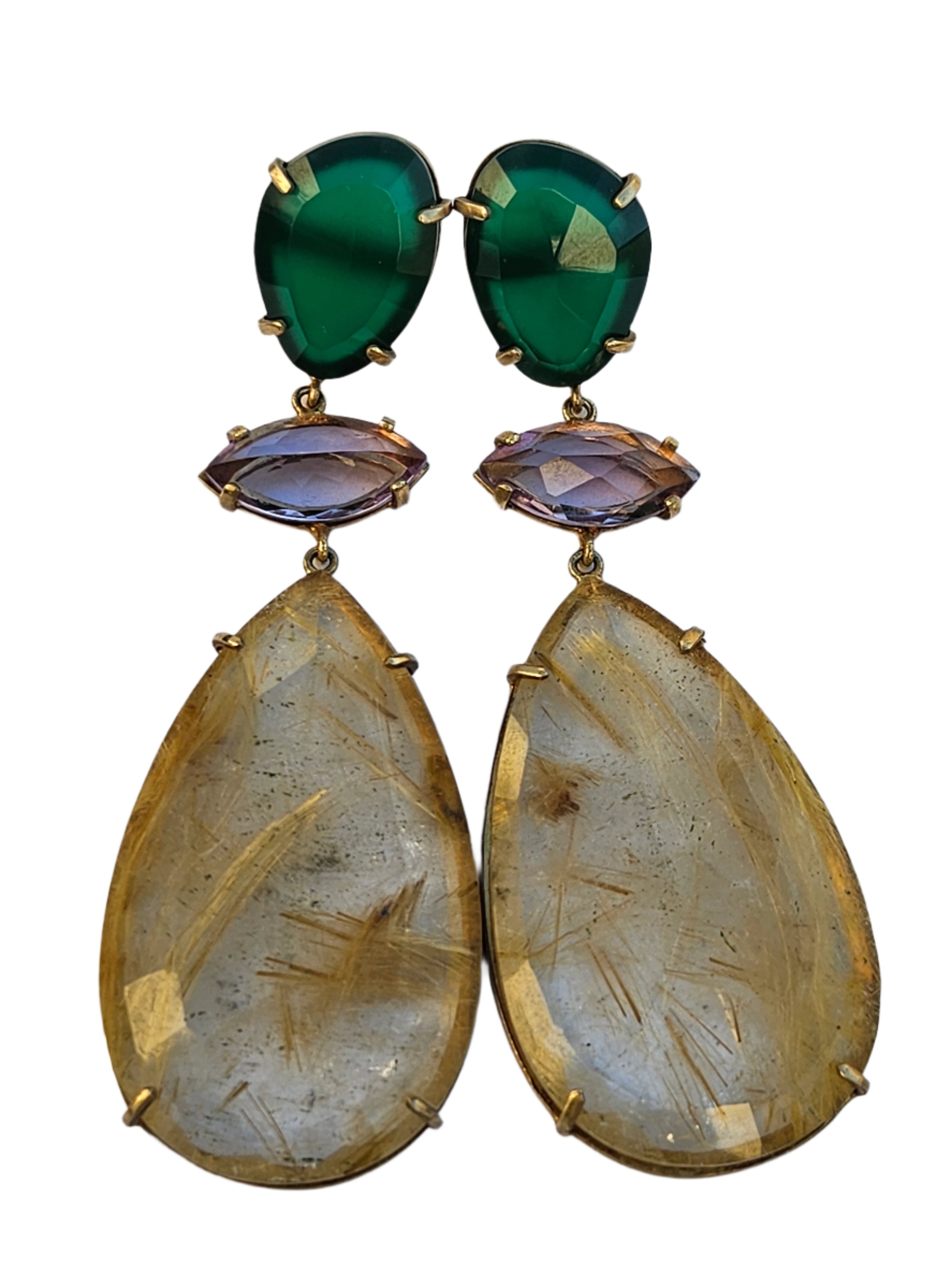 RUDILATED QUARTZ, FACETED AMYTHEST, AND GREEN OYNX EARRINGS
