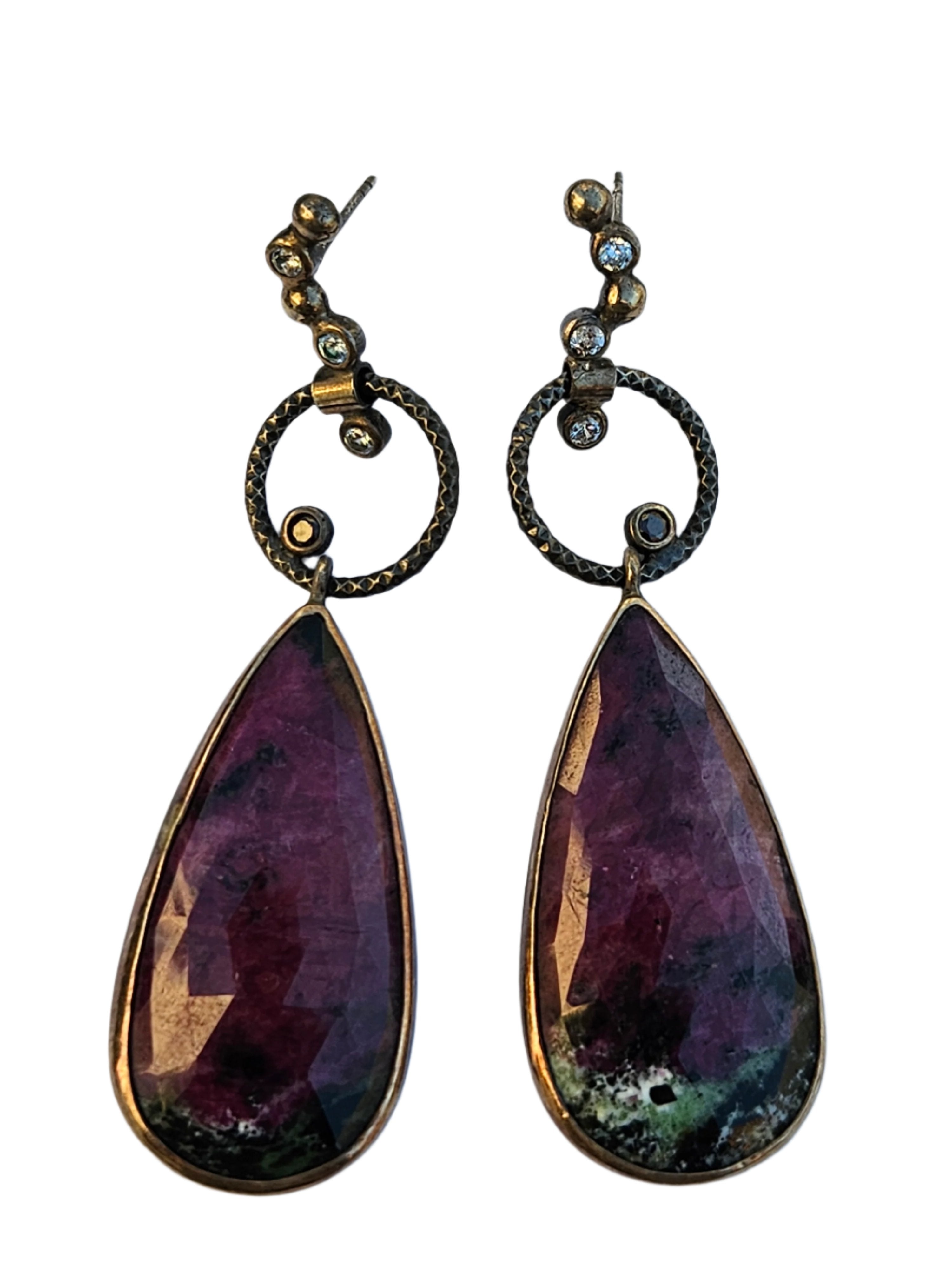 RUBY RUBELITE & OXIDIZED STERLING SILVER EARRING