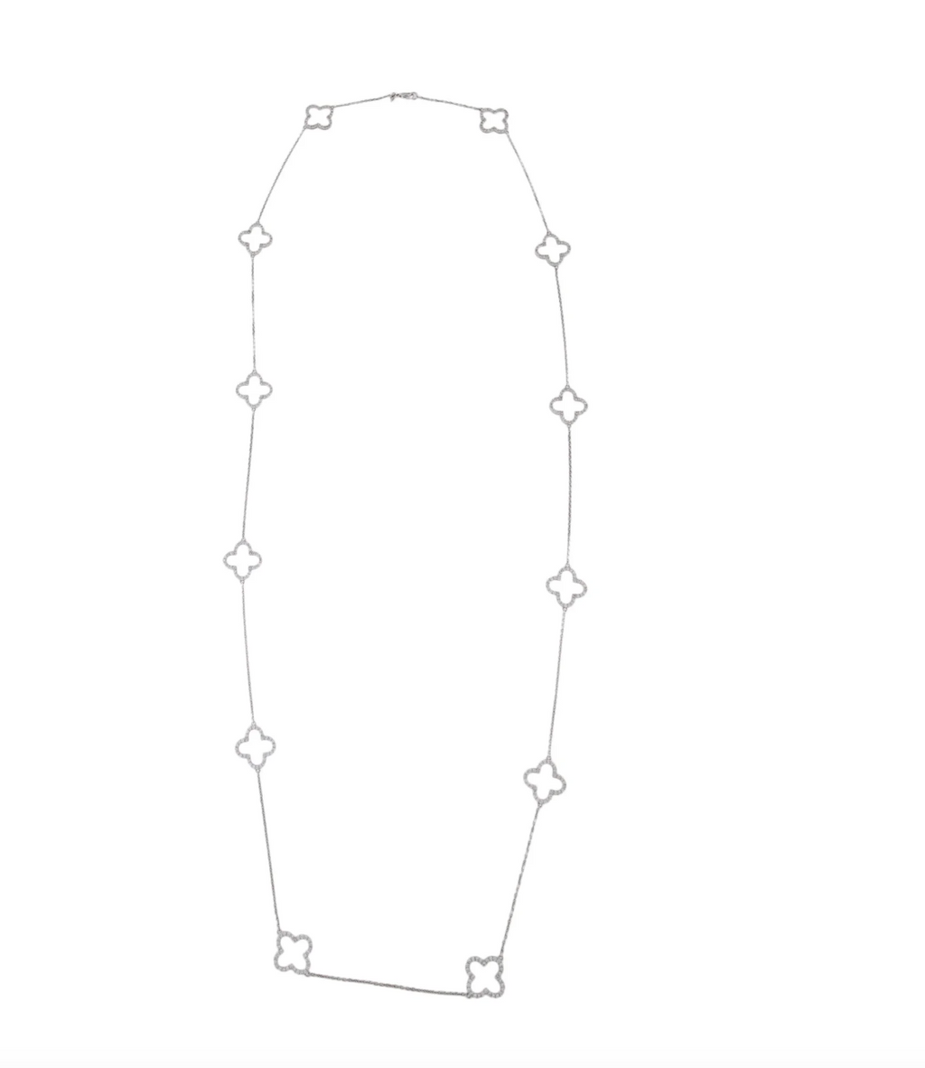 DIAMOND AND 18K WHITE GOLD CLOVER STATION CHAIN LINK NECKLACE