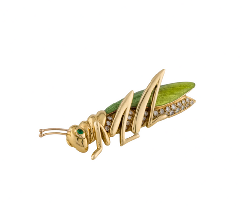 18K YELLOW GOLD, ENAMEL, DIAMOND & EMERALD BROOCH, PIN, PENDANT