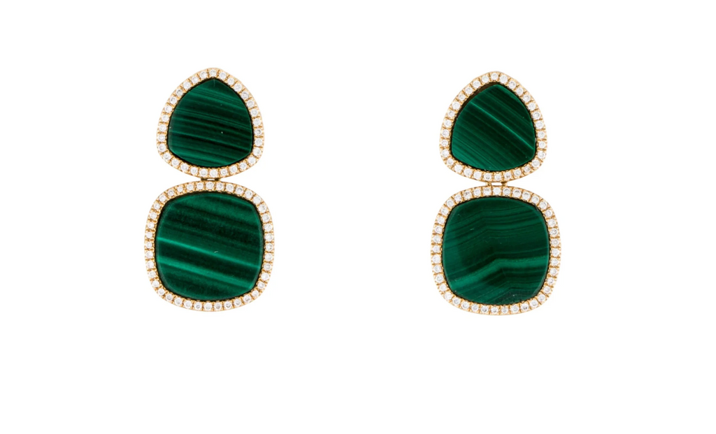 DESIGNER 18K YELLOW GOLD, MALACHITE & DIAMOND EARRINGS