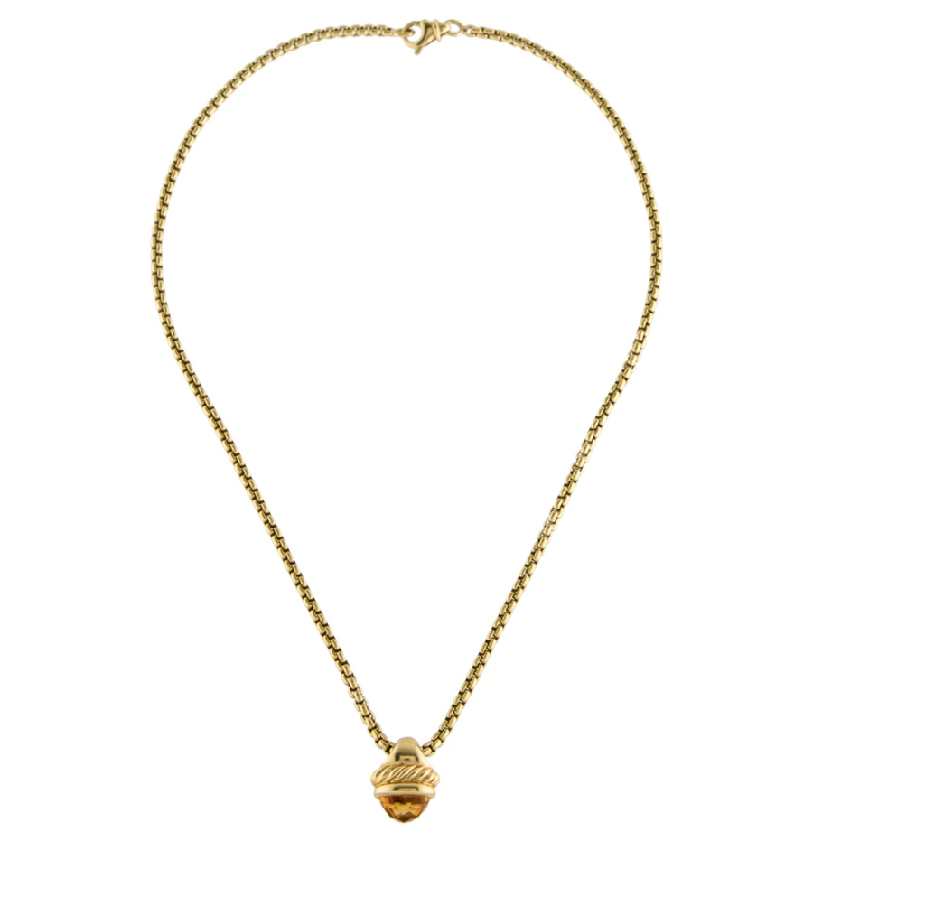 DAVID YURMAN 18K GOLD AND CITRINE ACORN PENDANT WITH BOX LINK NECKLACE