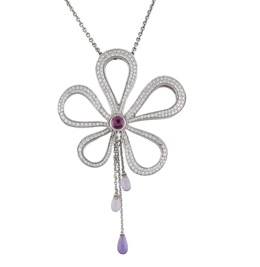 DIMODOLO 18K WHITE GOLD & DIAMOND, AMEYTHEST FLOWER PENDANT NECKLACE