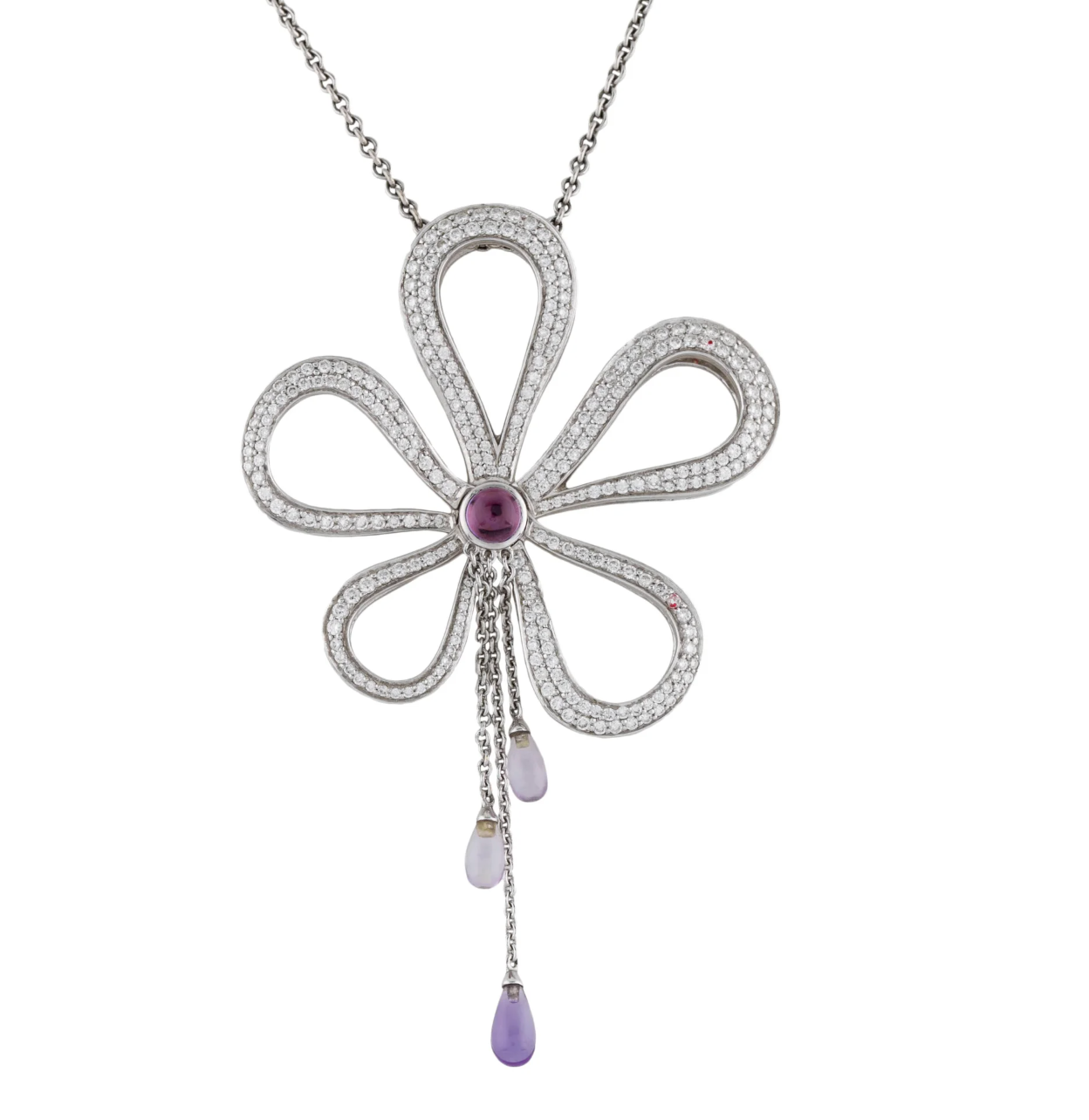DIMODOLO 18K WHITE GOLD & DIAMOND, AMEYTHEST FLOWER PENDANT NECKLACE
