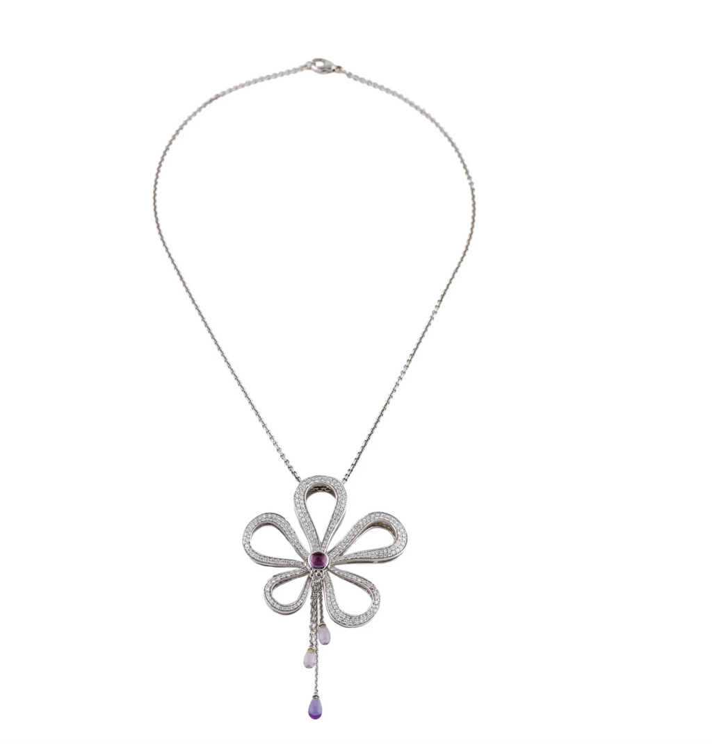DIMODOLO 18K WHITE GOLD & DIAMOND, AMEYTHEST FLOWER PENDANT NECKLACE