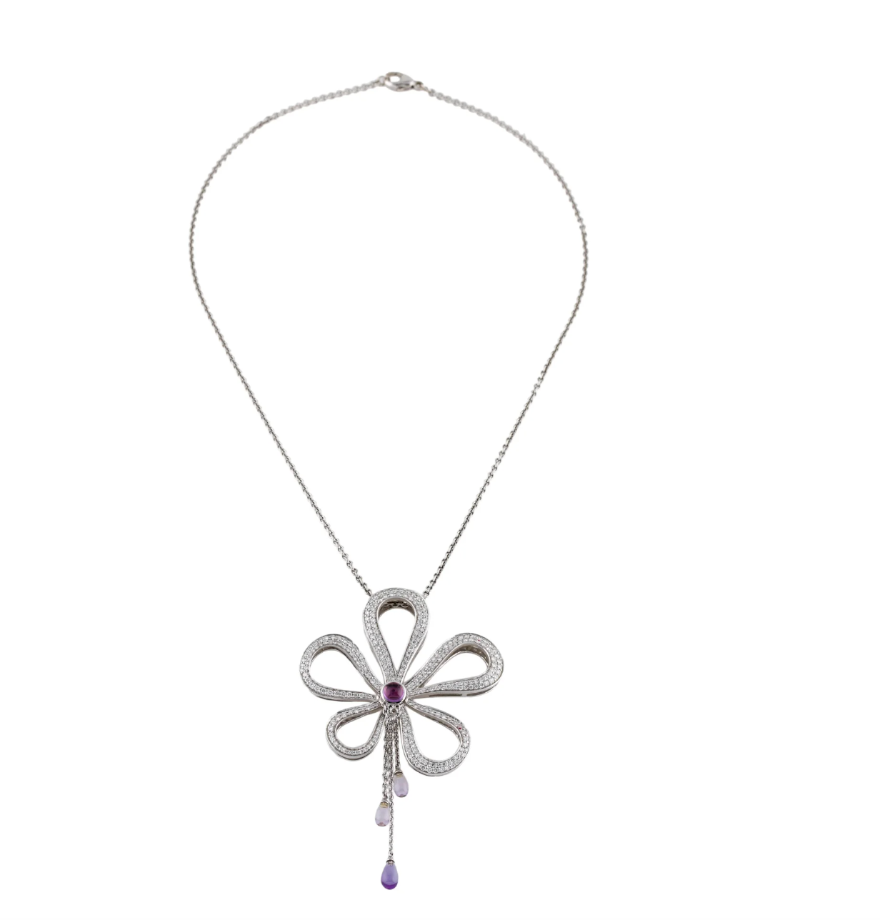 DIMODOLO 18K WHITE GOLD & DIAMOND, AMEYTHEST FLOWER PENDANT NECKLACE