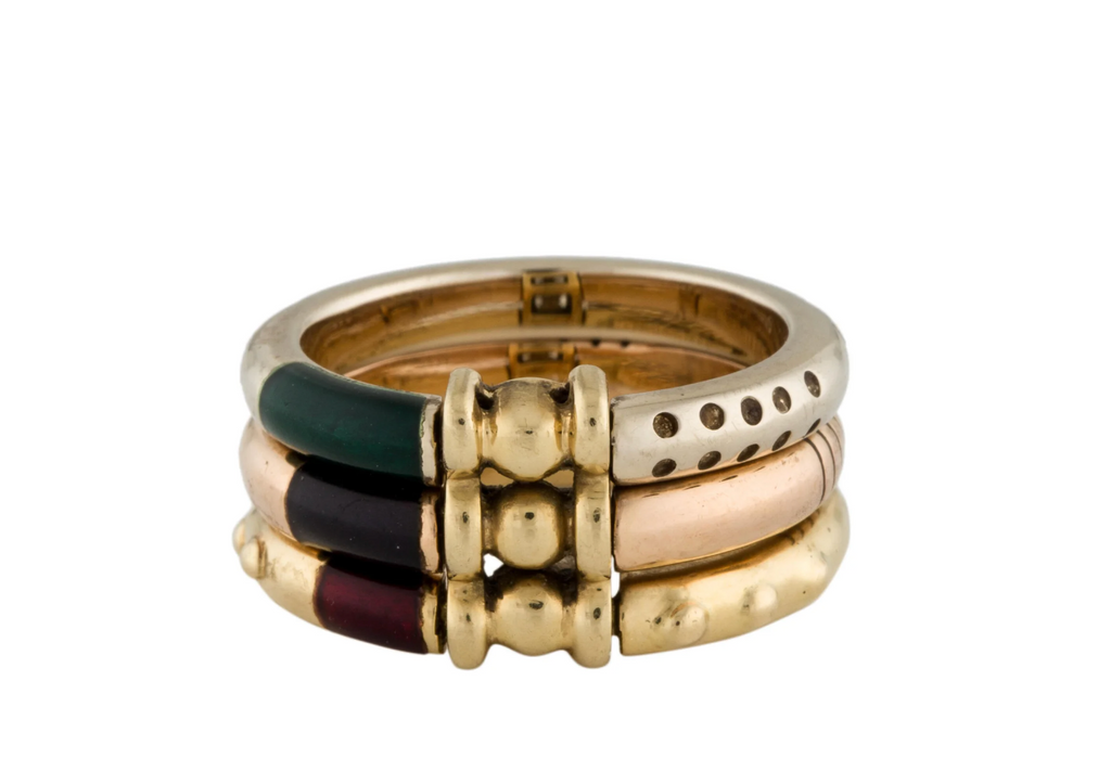 LA NOUVELLE ENAMEL BAGUE 18K YELOW, WHITE AND ROSE GOLD HINGED RING