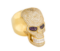 JASON OF BEVERLY HILLS 18K YELLOW GOLD DIAMOND AND AMETHEST SKULL MOTIF RING
