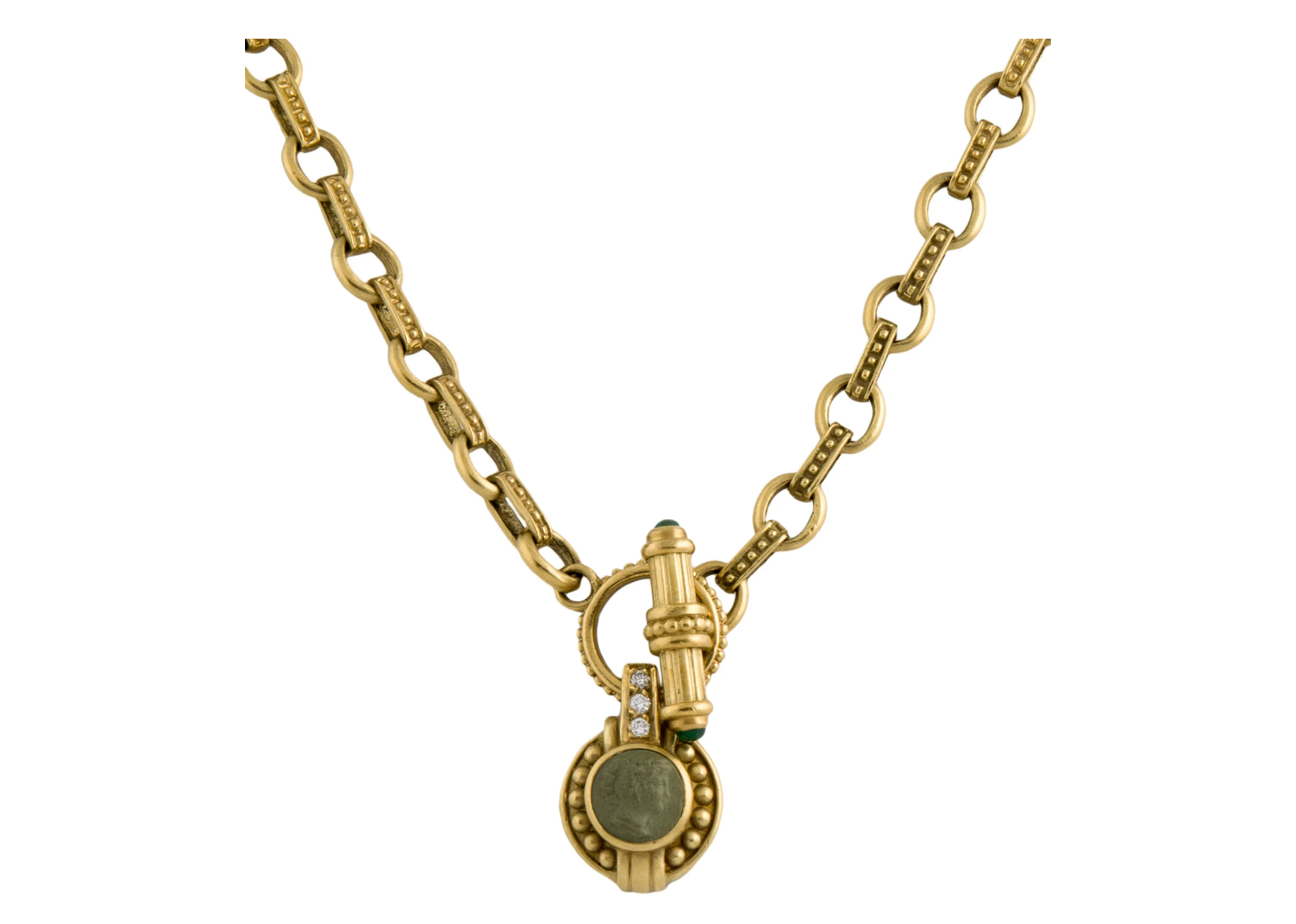 JUDITH RIPKA 18K YELLOW GOLD & DIAMOND NECKLACE WITH RESIN INTAGLIO DETACHABLE ENHANCER PENDANT & EMERALD CABACHON ACCENTS