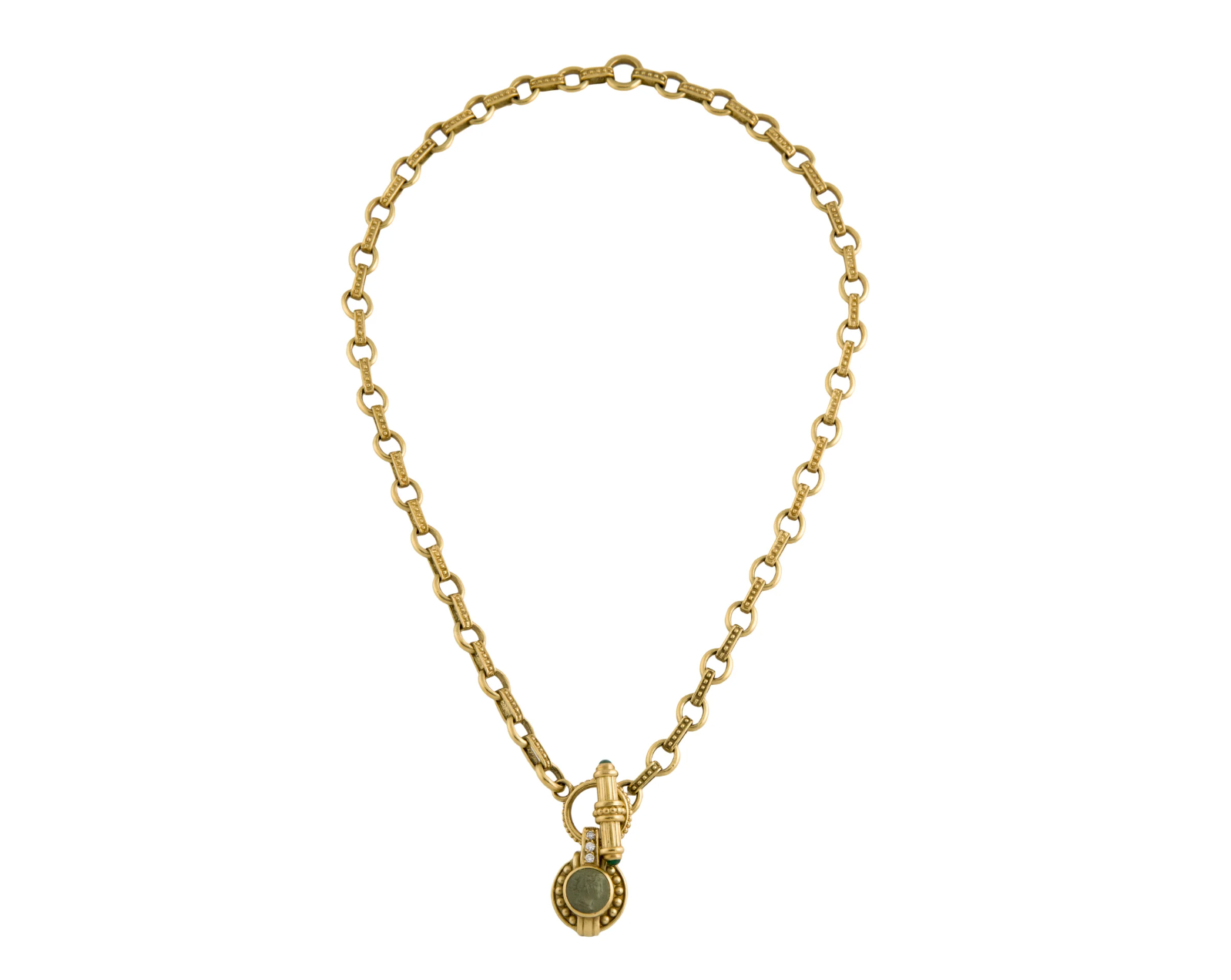 JUDITH RIPKA 18K YELLOW GOLD & DIAMOND NECKLACE WITH RESIN INTAGLIO DETACHABLE ENHANCER PENDANT & EMERALD CABACHON ACCENTS