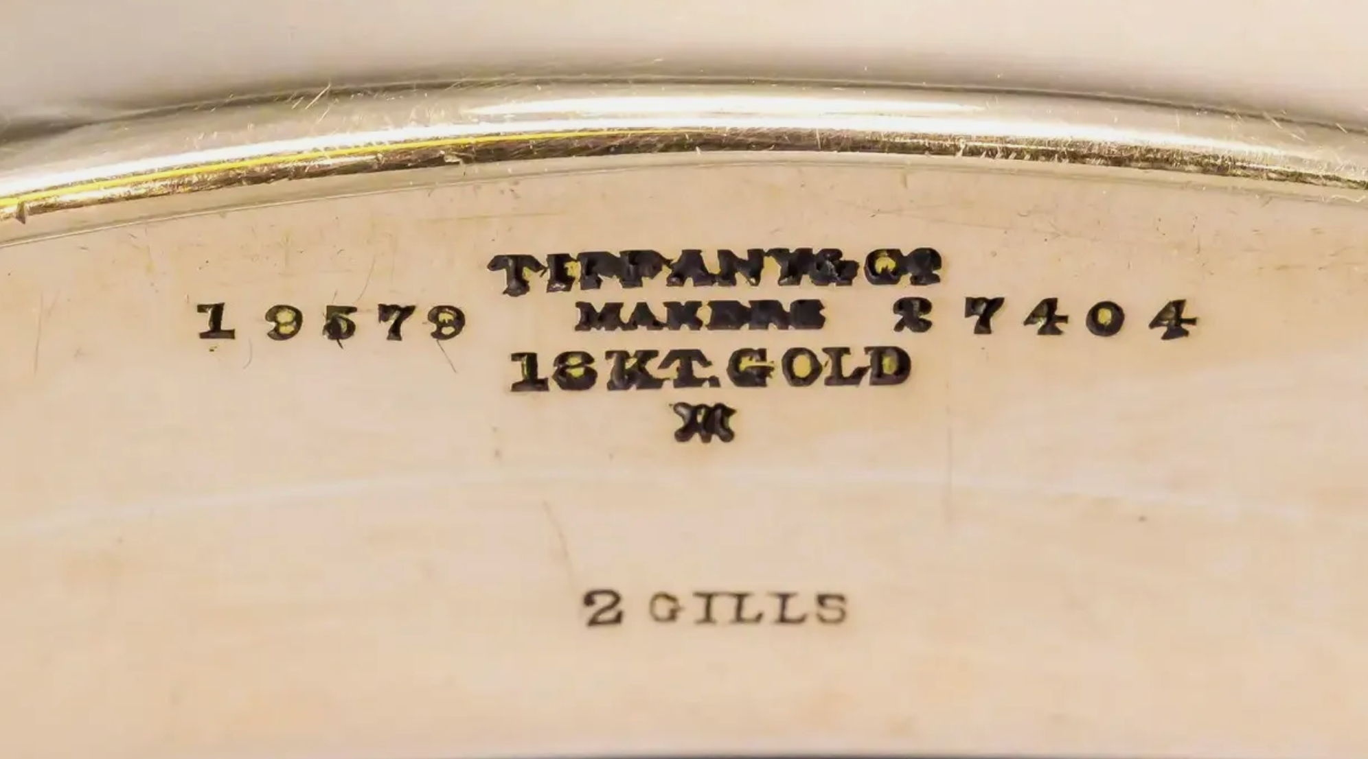 TIFFANY AND CO 18K SOLID GOLD FLASK, 2 GILLS, DIMENSIONS: 6.0" X 4.25" RARE