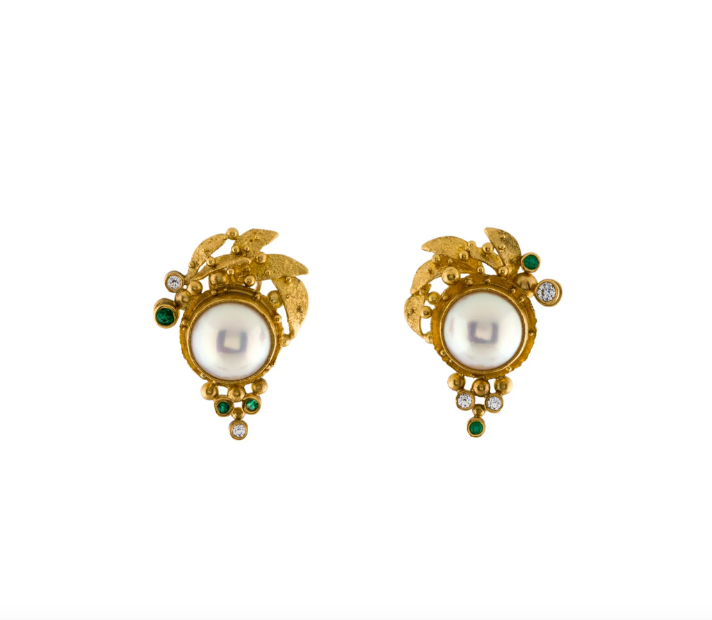 22K YELLOW GOLD VINTAGE, EMERALD, DIAMOND & PEARL EARRING