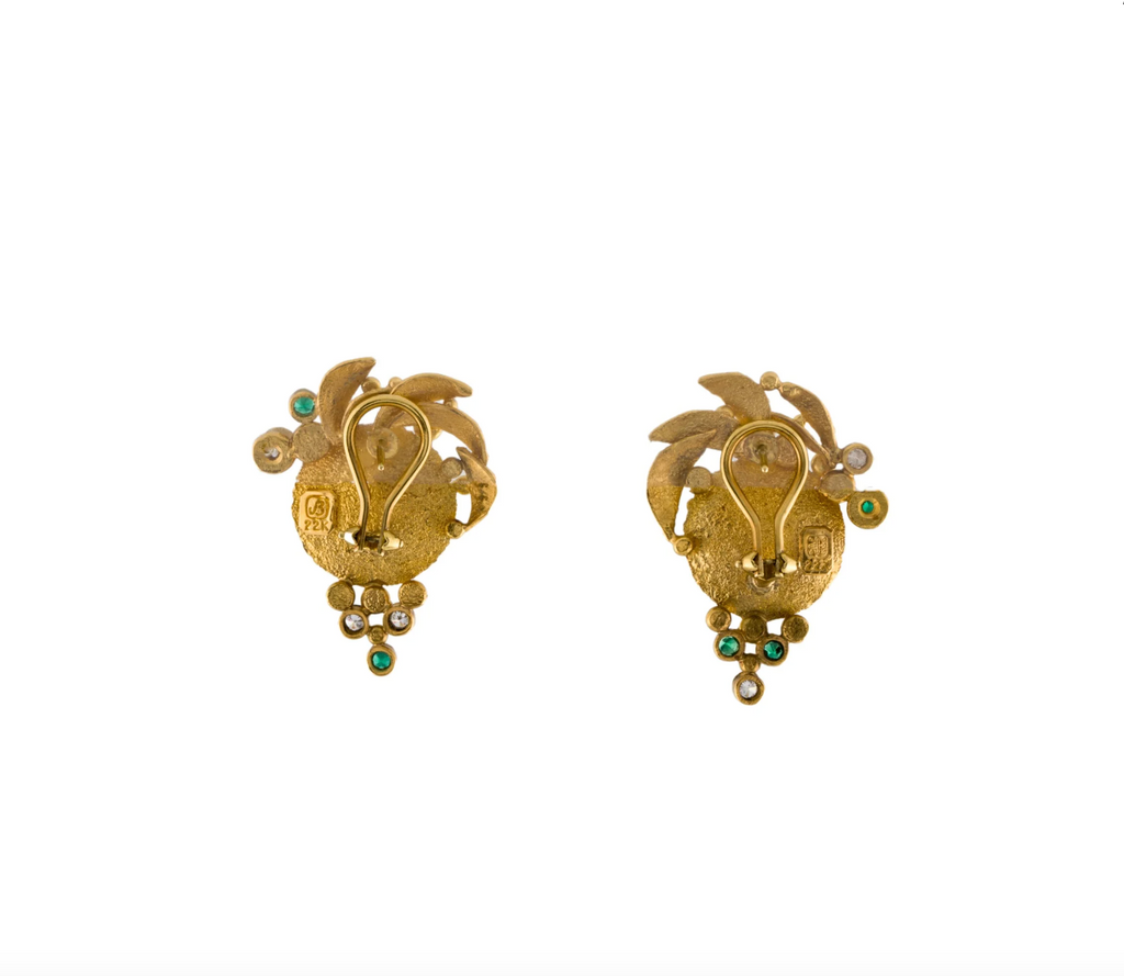22K YELLOW GOLD VINTAGE, EMERALD, DIAMOND & PEARL EARRING