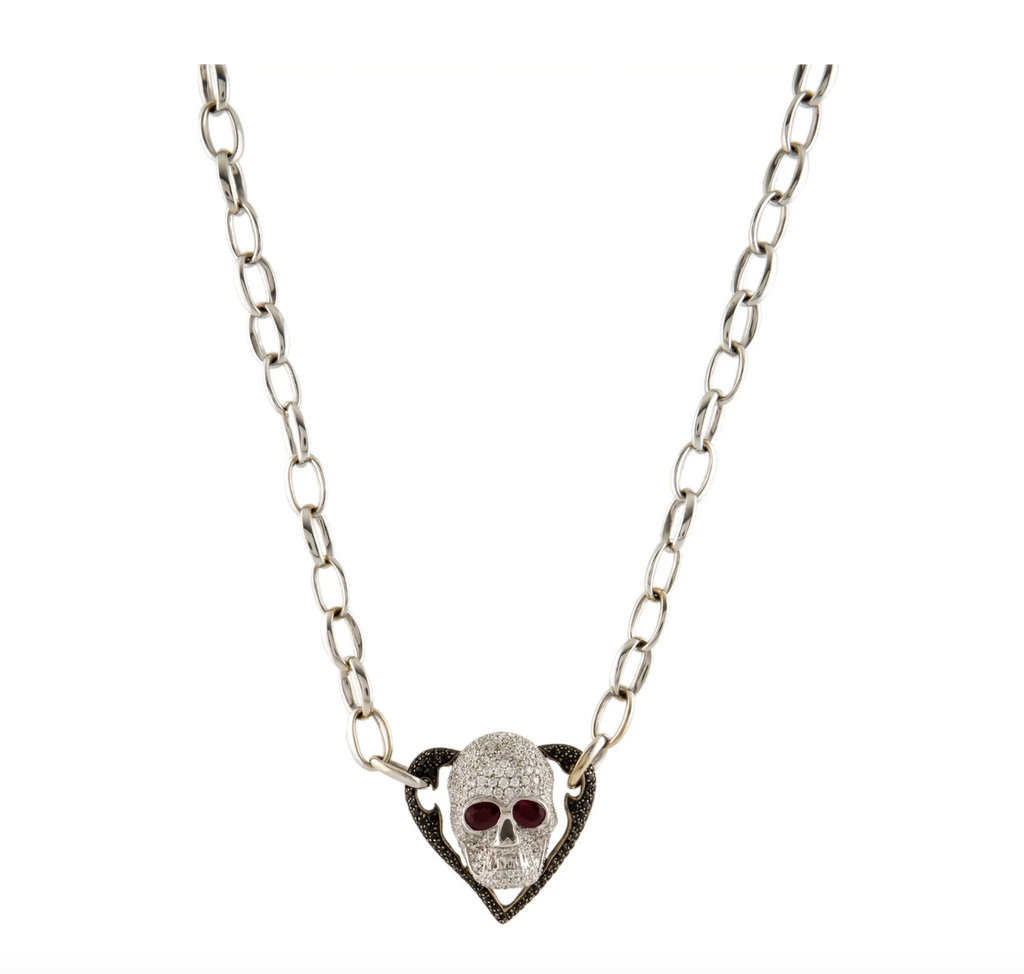 GAVELLO 18K WHITE GOLD, DIAMOND, SAPPHIRE & RUBY SKULL & HEART NECKLACE