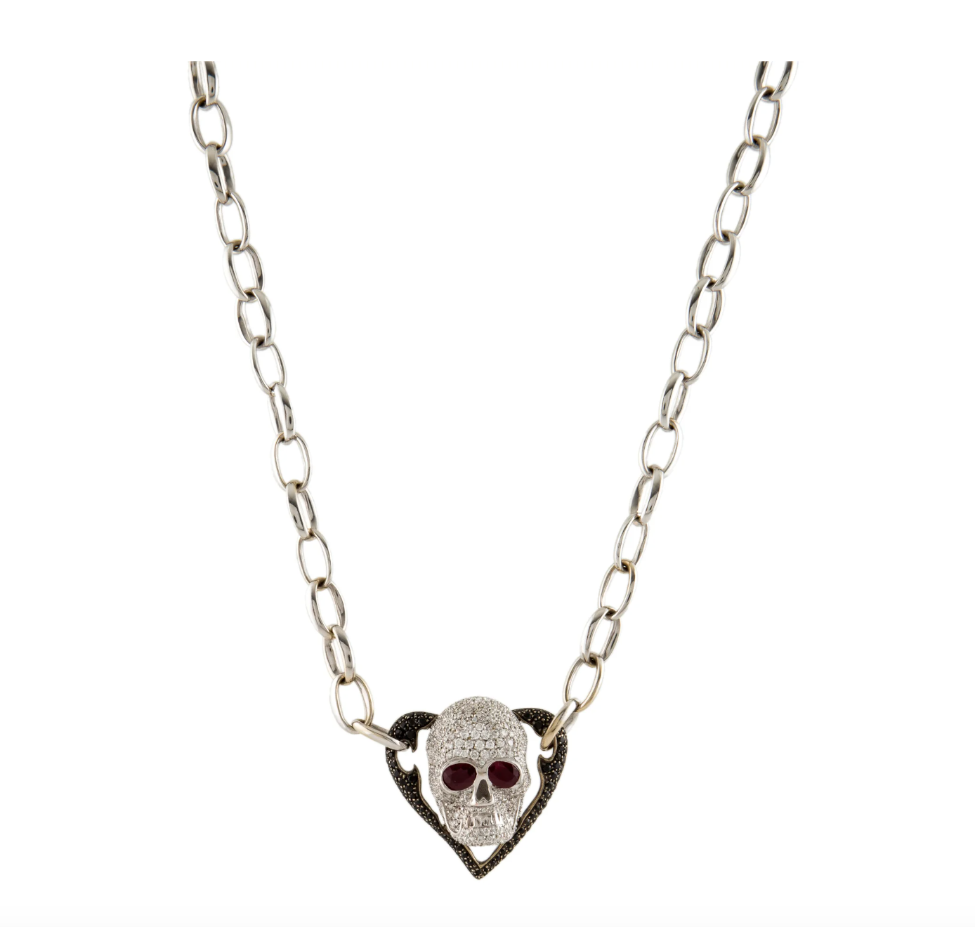 GAVELLO 18K WHITE GOLD, DIAMOND, SAPPHIRE & RUBY SKULL & HEART NECKLACE