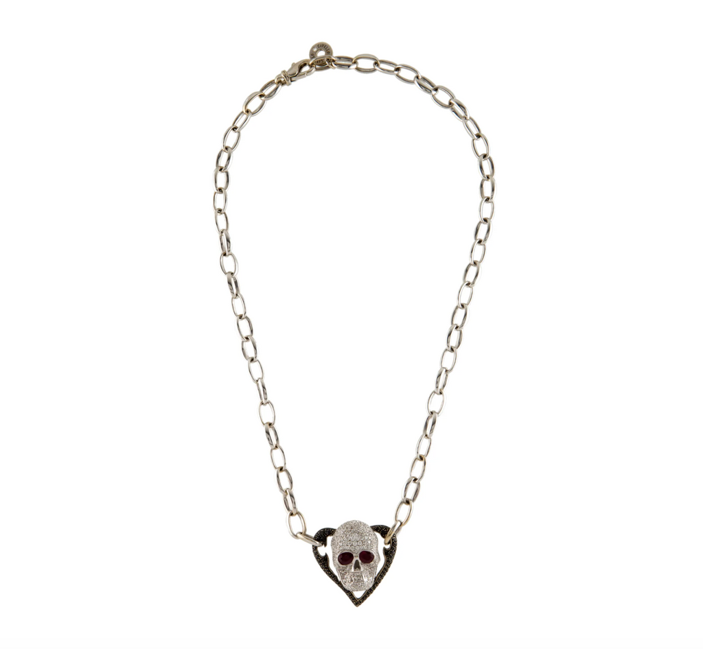 GAVELLO 18K WHITE GOLD, DIAMOND, SAPPHIRE & RUBY SKULL & HEART NECKLACE