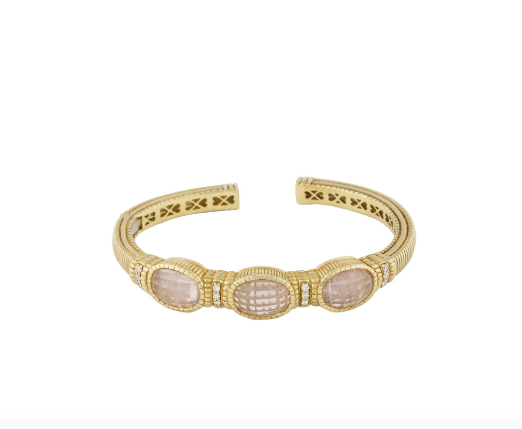 JUDITH RIPKA 18K YELLOW GOLD, DIAMOND & ROSE QUARTZ CUFF BRACELET