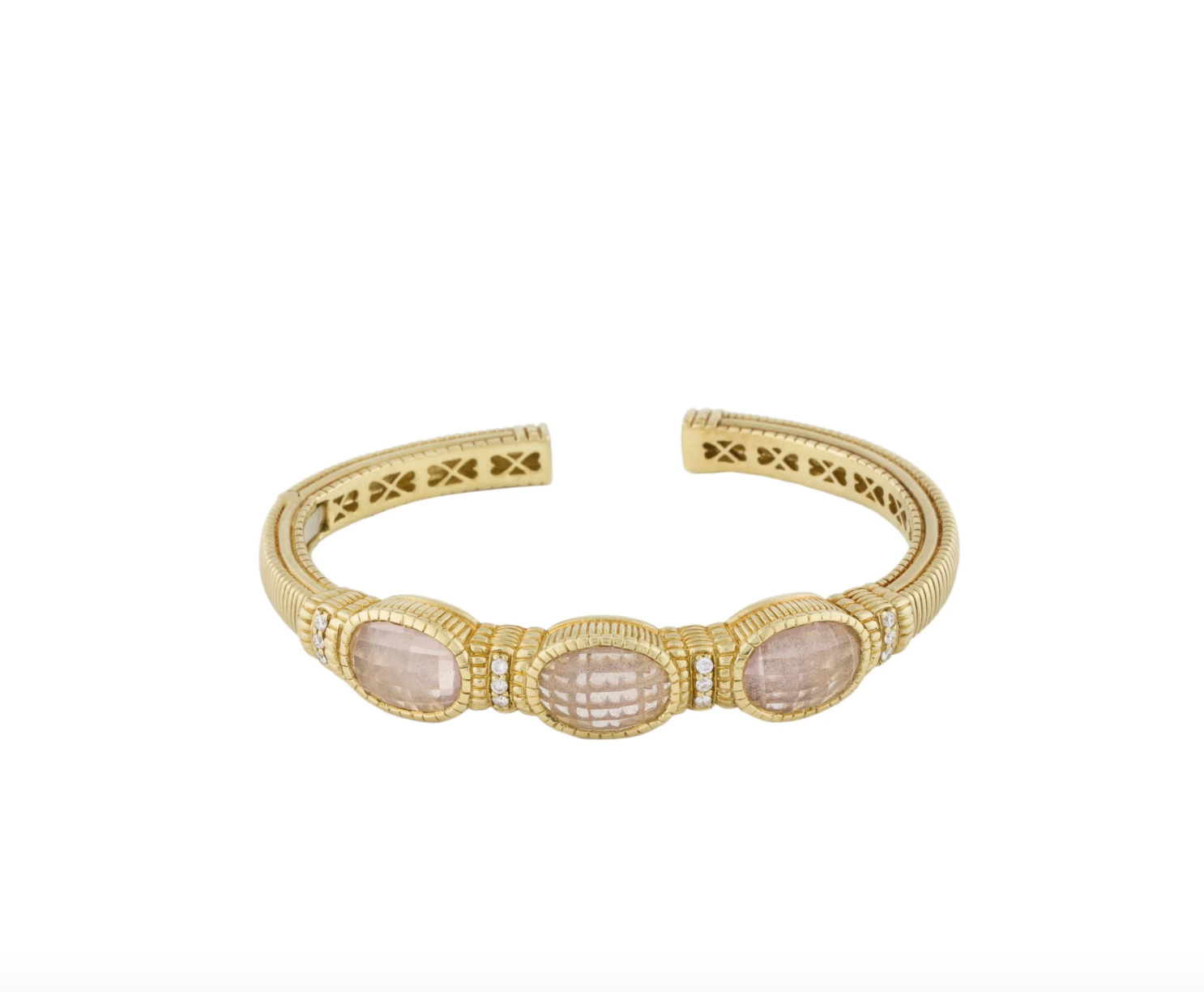 JUDITH RIPKA 18K YELLOW GOLD, DIAMOND & ROSE QUARTZ CUFF BRACELET