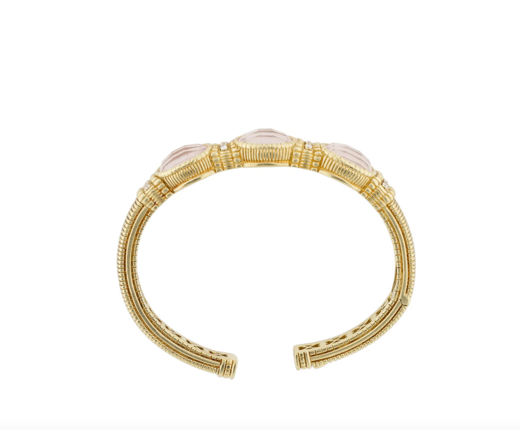 JUDITH RIPKA 18K YELLOW GOLD, DIAMOND & ROSE QUARTZ CUFF BRACELET