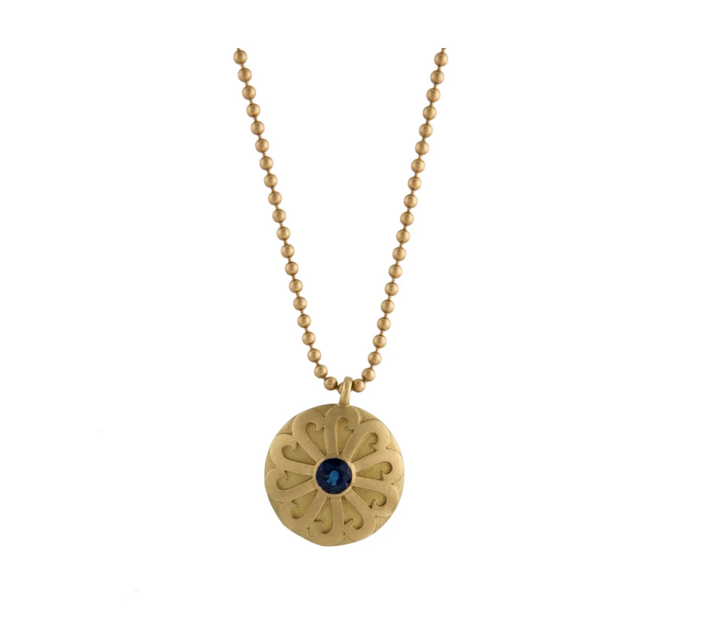 JEANNE JOHNGREN 18K YELLOW GOLD NECKALCE & PENDANT WITH 1.02CT. SAPPHIRE DISK PENDANT