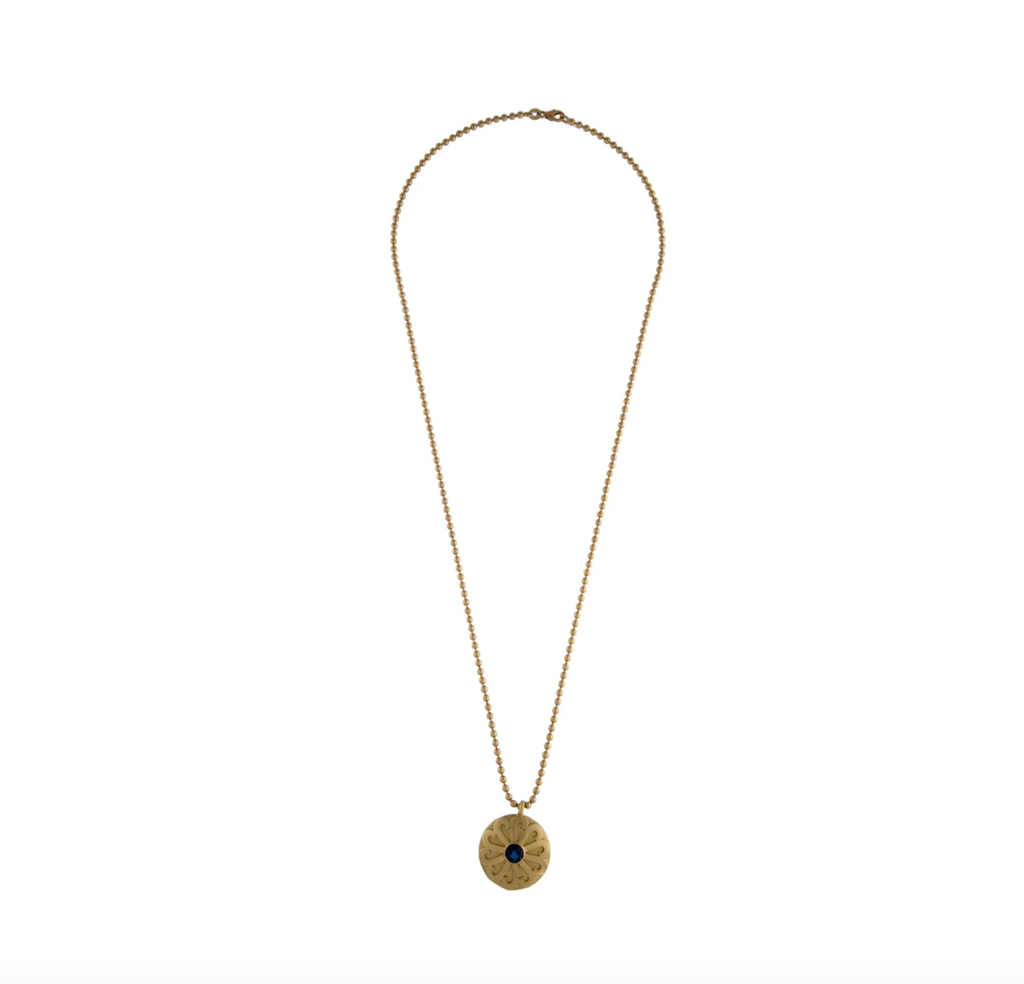 JEANNE JOHNGREN 18K YELLOW GOLD NECKALCE & PENDANT WITH 1.02CT. SAPPHIRE DISK PENDANT