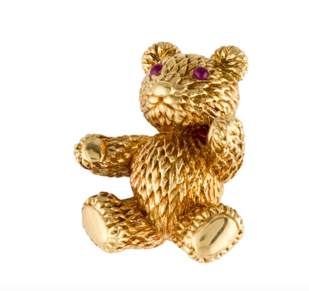 BIELKA 18K YELLOW GOLD & RUBY CABACHON TEDDY BEAR PIN BROOCH