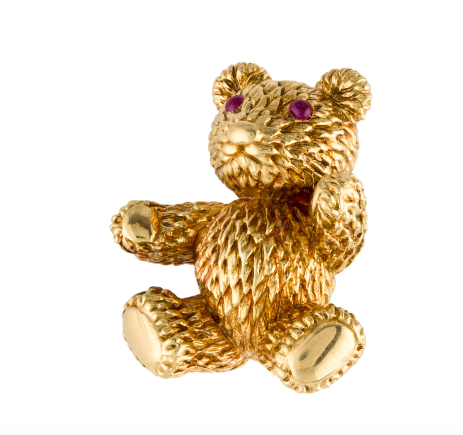 BIELKA 18K YELLOW GOLD & RUBY CABACHON TEDDY BEAR PIN BROOCH