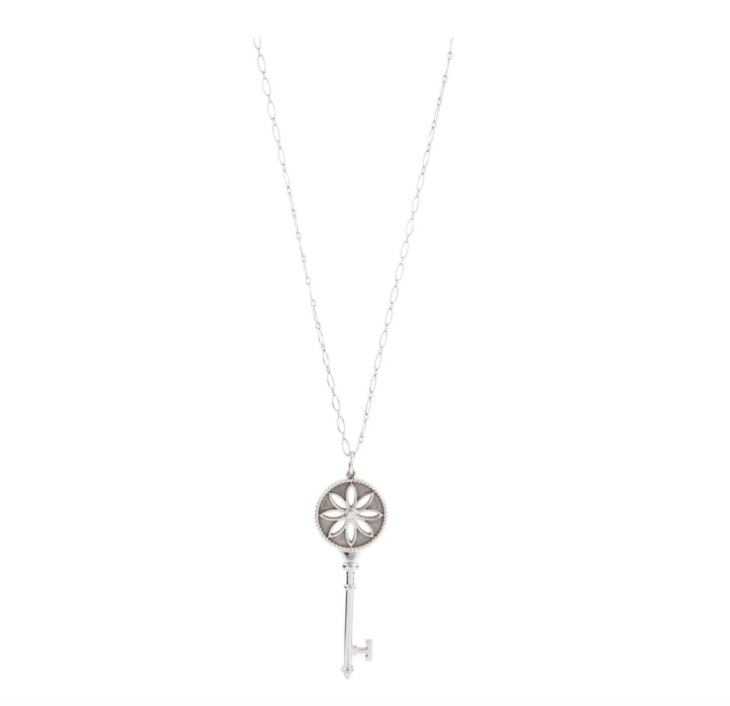 TIFFANY & CO 18K WHITE GOLD & DIAMOND KEY PENDANT WITH CHAIN LINK NECKLACE