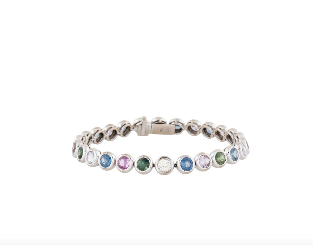 18K WHITE GOLD MULTI COLORED SAPPHIRE & SPINEL BEZEL SET TENNIS BRACELET