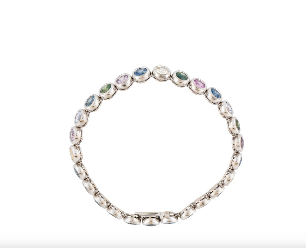 18K WHITE GOLD MULTI COLORED SAPPHIRE & SPINEL BEZEL SET TENNIS BRACELET