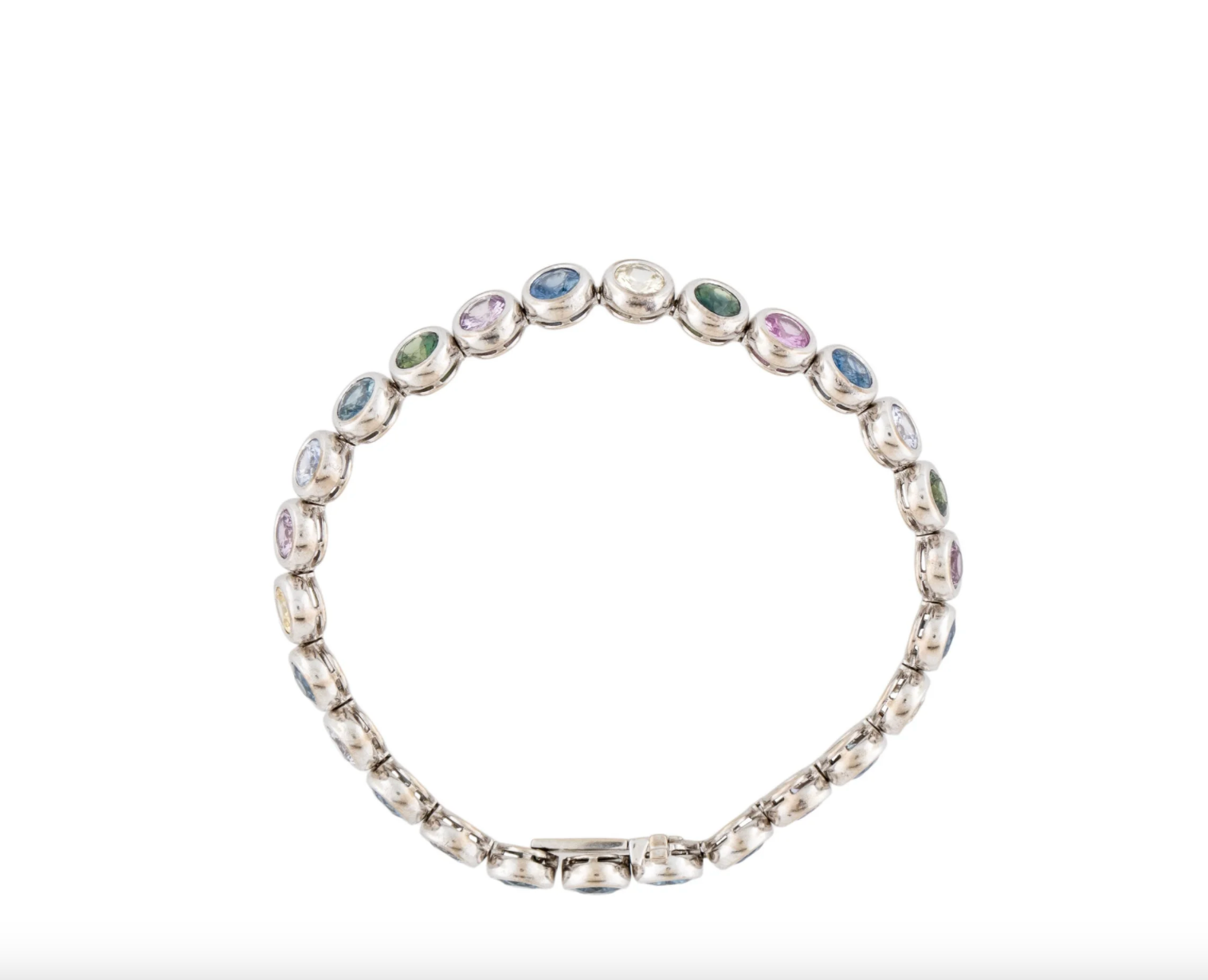 18K WHITE GOLD MULTI COLORED SAPPHIRE & SPINEL BEZEL SET TENNIS BRACELET