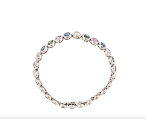 18K WHITE GOLD MULTI COLORED SAPPHIRE & SPINEL BEZEL SET TENNIS BRACELET