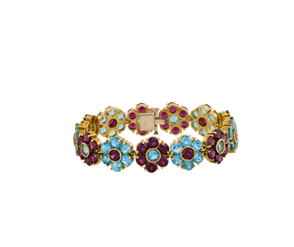 18K YELLOW GOLD, RHODOLITE & TOPAZ ALTERNATING FLOWER BRACELET ONE OF A KIND