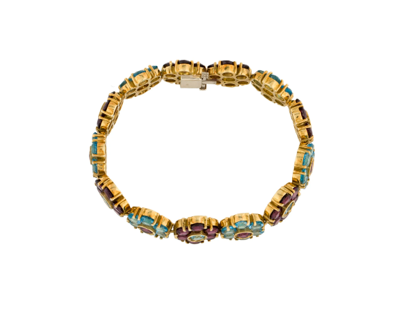 18K YELLOW GOLD, RHODOLITE & TOPAZ ALTERNATING FLOWER BRACELET ONE OF A KIND