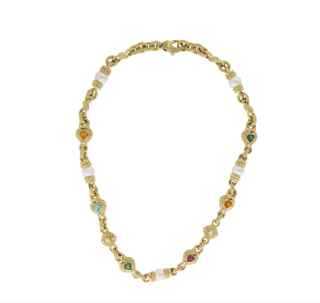 CUSTOM MADE DESIGNER 18K YELLOW GOLD, DIAMOND & MULTI-COLORED GEMSTONE NECKLACE