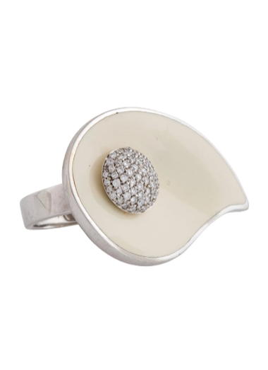 LA NOUVELLE BAGUE 18K WHITE GOLD, DIAMOND AND ENAMEL LEAF RING