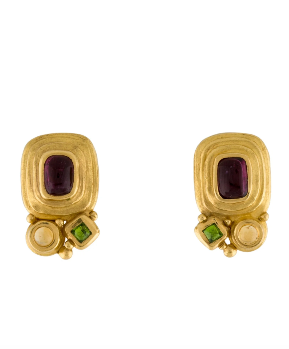 DENISE ROBERGE 22K GOLD, TOURMALINE, DIOPSIDE, CITRINE, CLIP-ON EARRINGS