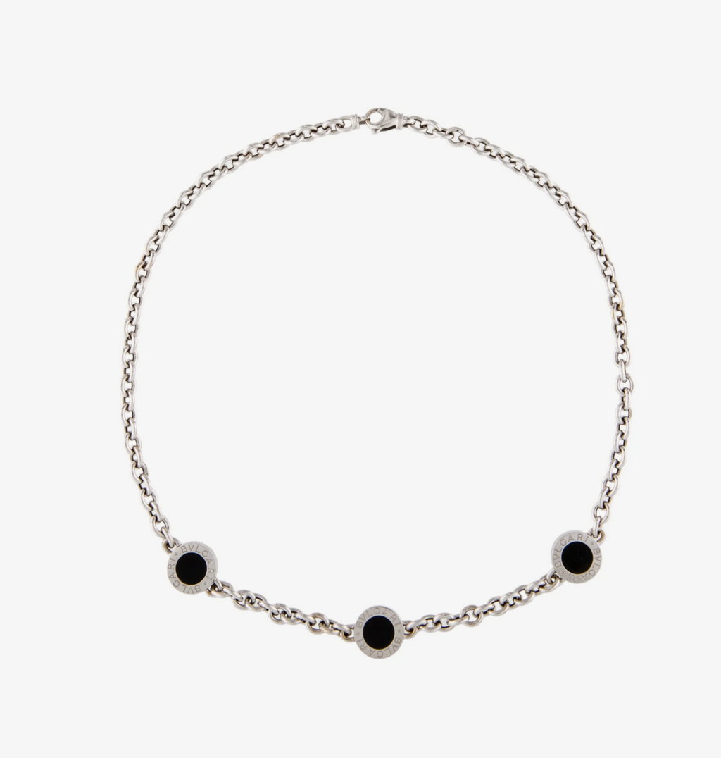 BVLGARI 18K WHITE GOLD AND BLACK OYNX STATION NECKLACE