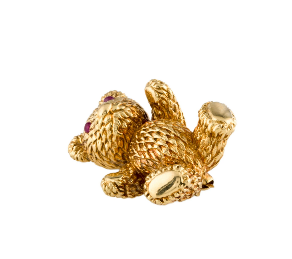 BIELKA 18K YELLOW GOLD & RUBY CABACHON TEDDY BEAR PIN BROOCH