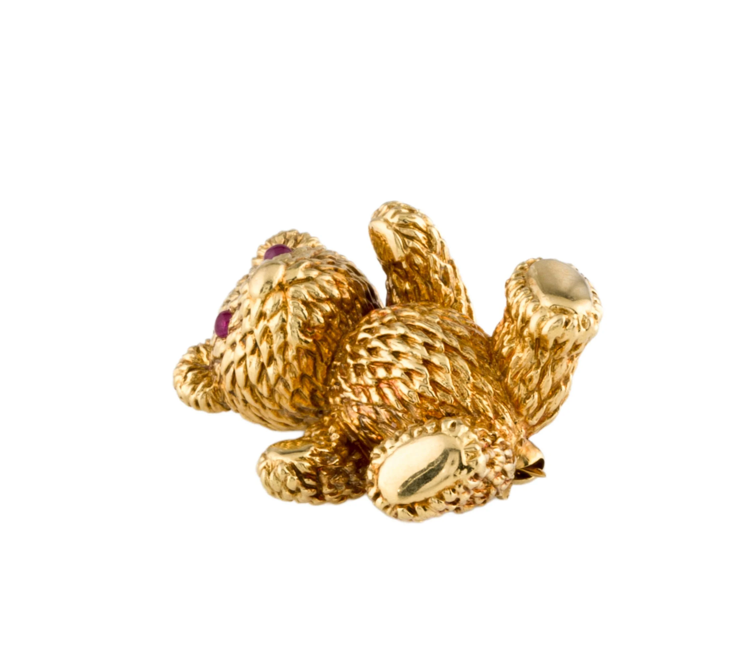 BIELKA 18K YELLOW GOLD & RUBY CABACHON TEDDY BEAR PIN BROOCH