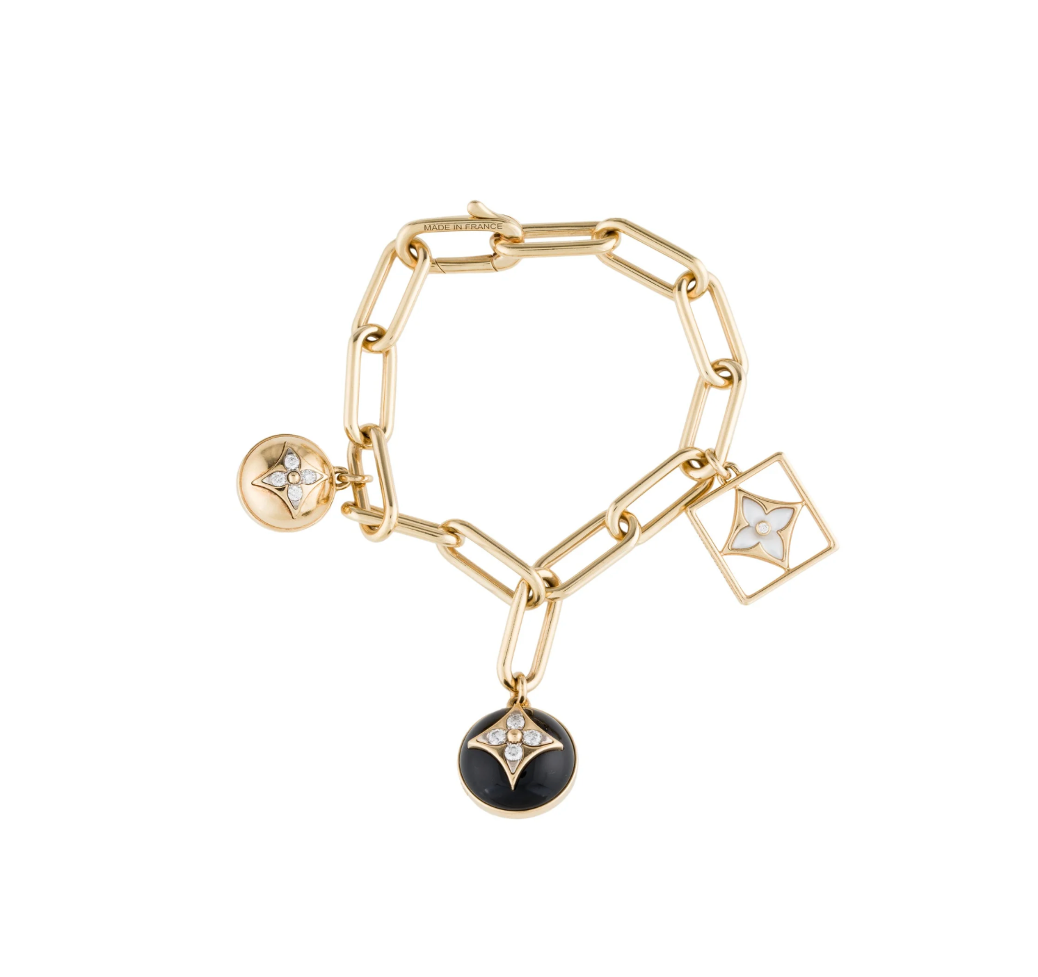 LOUIS VUITTON 18K YELLOW GOLD & DIAMONDS, MOTHER OF PEARL, OYNX BLOSSOM BRACELET