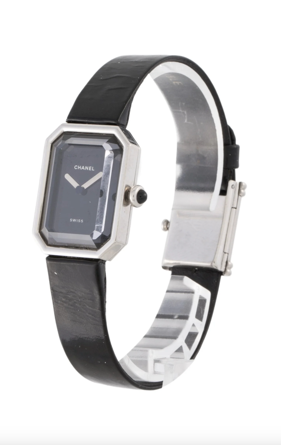 CHANEL PLATINUM AND PATENT LEATHER PREMIERE WATCH