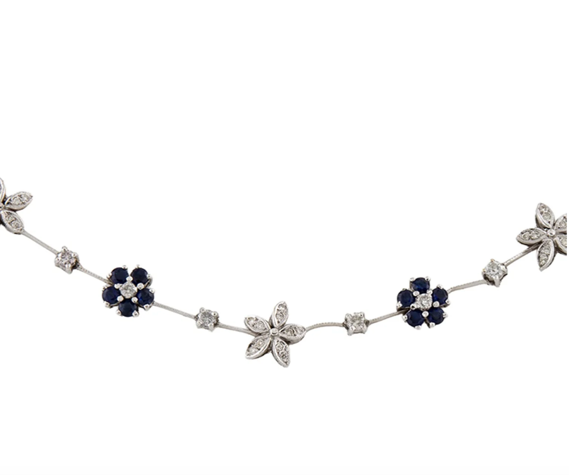 18K WHITE GOLD, SAPPHIRE AND DIAMOND STATION NECKLACE