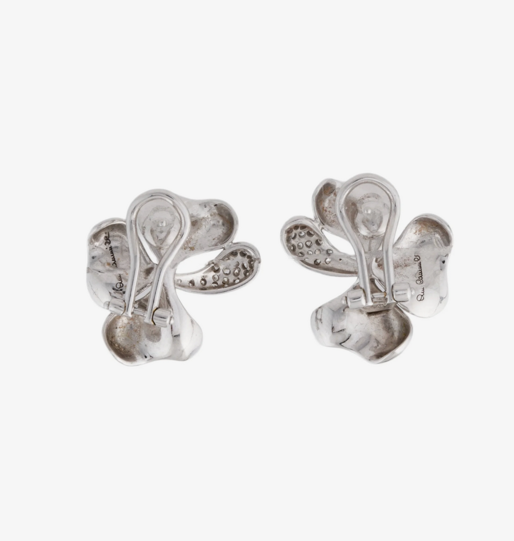 18K WHITE GOLD AND DIAMOND FLORAL OMEGA EARRINGS