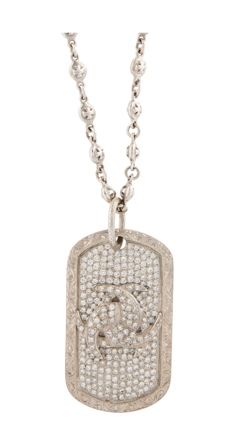 LOREE RODKIN 18K WHITE GOLD AND DIAMOND DOG TAG STYLE PENDANT NECKLACE