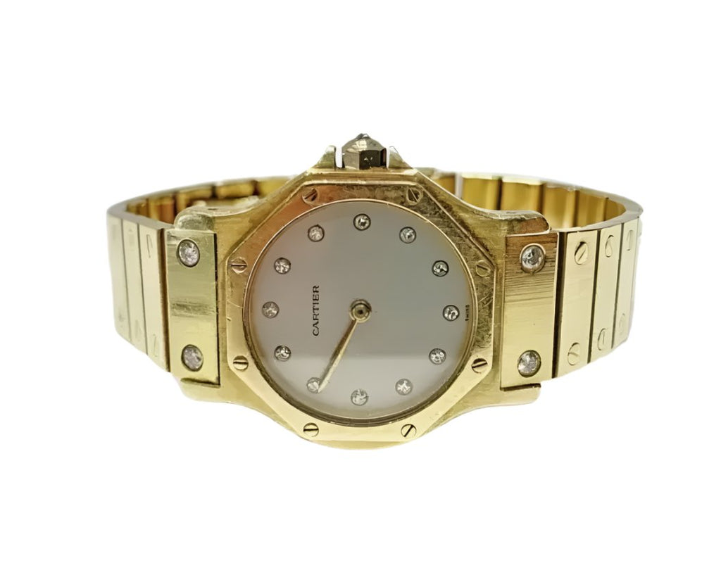 CARTIER 18K YELLOW GOLD AND DIAMOND AUTOMATIC VINTAGE SANTOS WATCH
